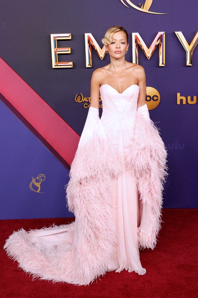 British singer Rita Ora arrives for the 76th Emmy Awards at the Peacock Theatre at L.A. Live in Los Angeles on September 15, 2024