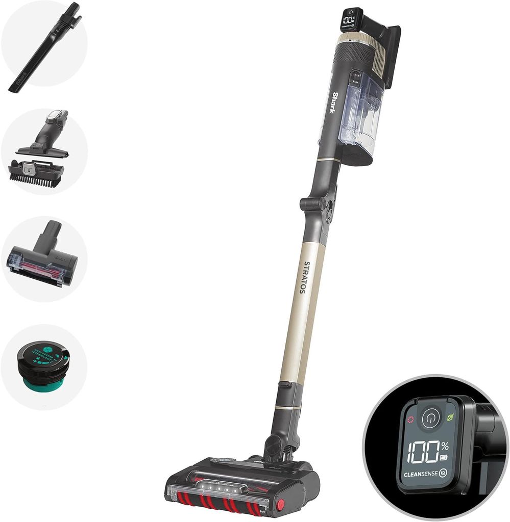 Shark Stratos Cordless Stick Vacuum Cleaner Pet Pro with Anti Hair Wrap Plus, Clean Sense IQ & Anti-Odour Technology, 60 Mins Run-Time, Removable Battery, 3 Attachments, Charcoal/Brass IZ400UKT
