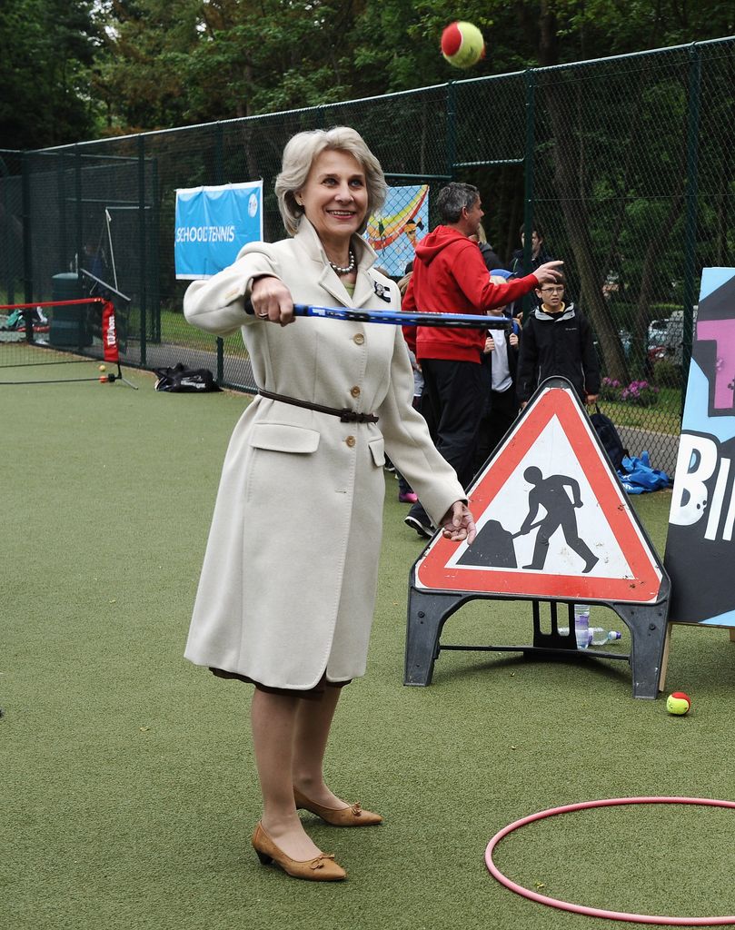Birgitte, Duchess of Gloucester shows her racquet skills while visiting The Kids Zone during The AEGON Classic Tennis Tournament at Edgbaston Priory Club on June 11, 2013 in Birmingham, England.
