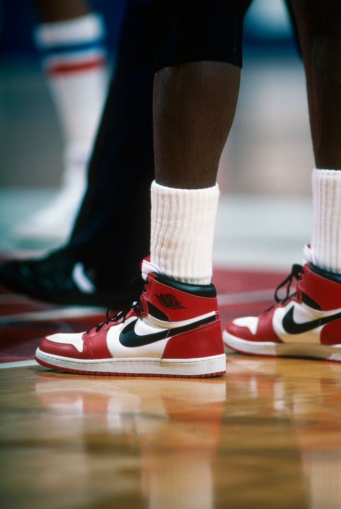 The "Air Jordan" Nike shoes worn by Chicago Bulls' center Michael Jordan #23 in 1985