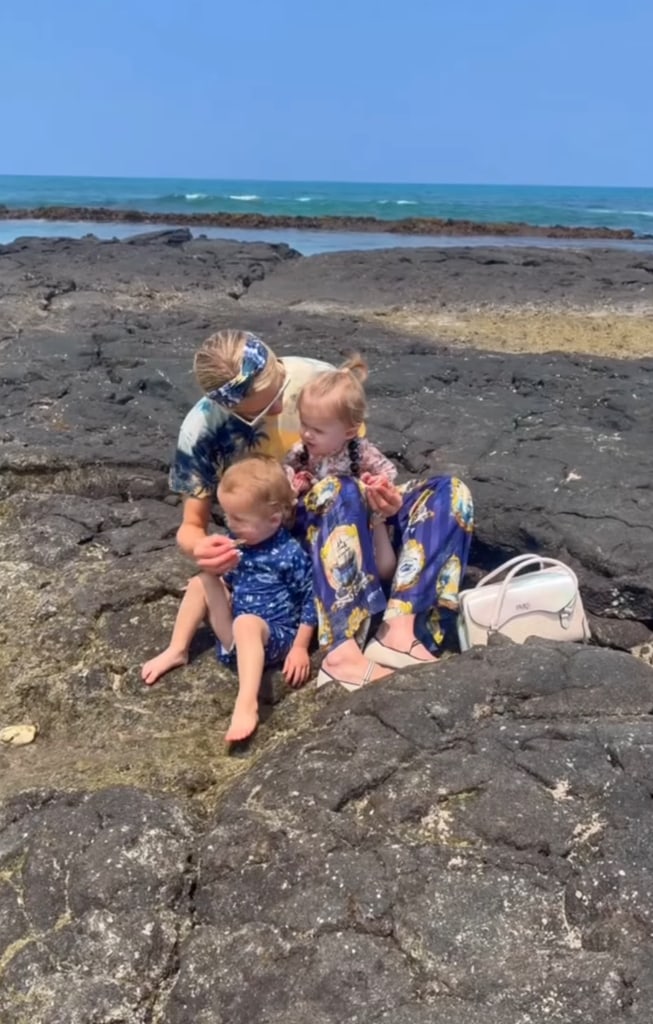 Still from a video shared by Paris Hilton on Instagram featuring her son Phoenix and daughter London at the beach during a vacation in Hawai'i, April 2025