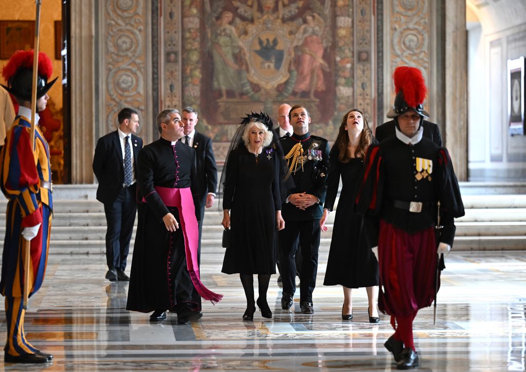 Queen Camilla in black dress in the Pauline Chapel