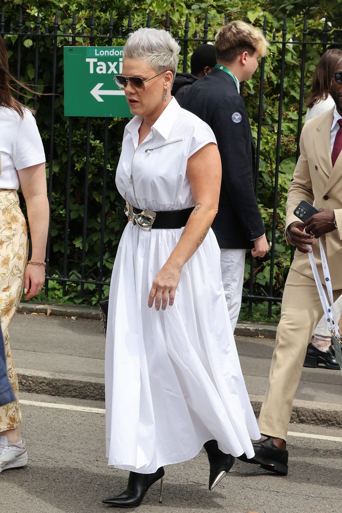 Pink attends day twelve of the Wimbledon Tennis Championships at the All England Lawn Tennis and Croquet Club on July 12, 2024 in London, England. (Photo by Neil Mockford/GC Images)