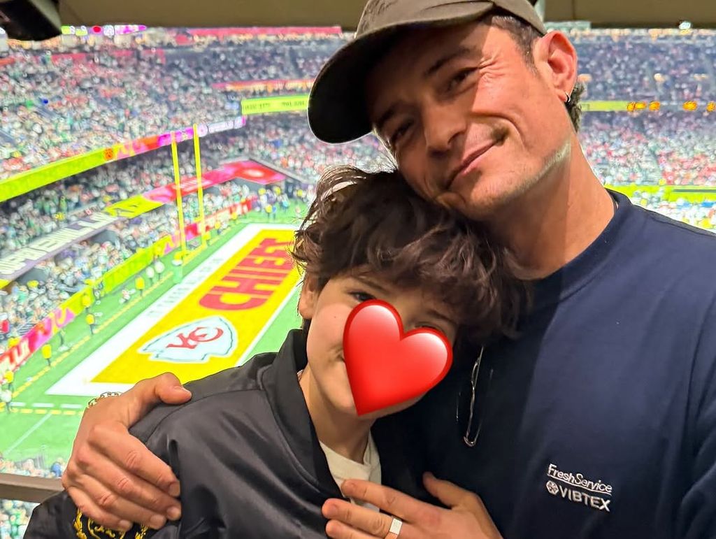 Orlando Bloom and his son Flynn at Super Bowl LIX, shared on Instagram