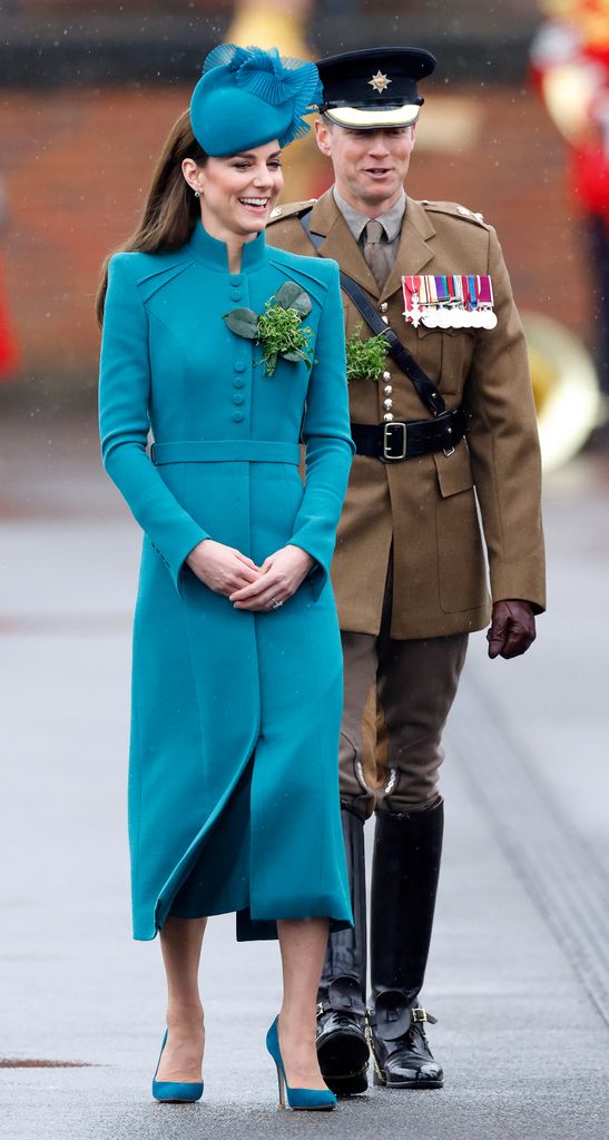 Catherine, Princess of Wales (in her role as Colonel of the Irish Guards) presents traditional sprigs of shamrock to Officers and Guardsmen of the Irish Guards during the 2023 St. Patrick's Day Parade