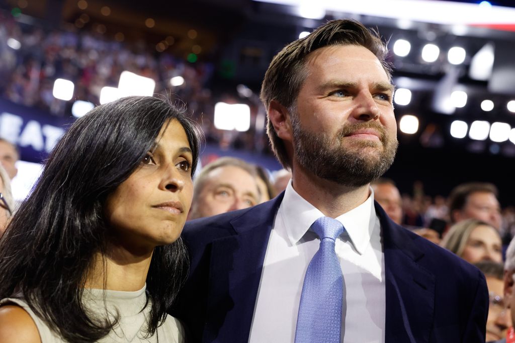 U.S. Sen. J.D. Vance (R-OH) and his wife Usha Chilukuri Vance look on as he is nominated for the office of Vice President on the first day of the Republican National Convention