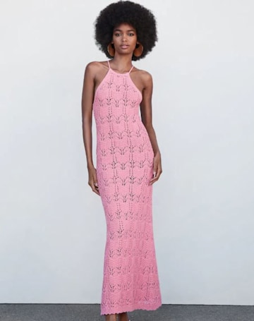 mango pink crochet midi dress 