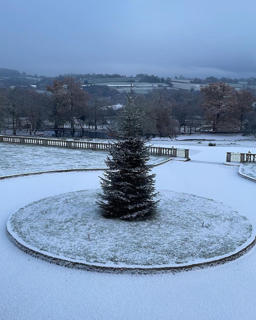 Christmas tree on a roundabout at a country estate in the snow