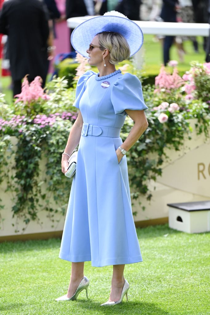Zara Tindall wearing a blue dress at day three of Royal Ascot 2024 at Ascot Racecourse 