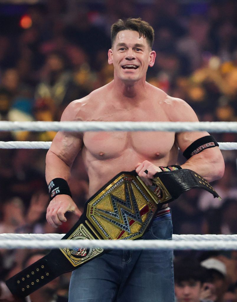 John Cena celebrates after his victory over Cody Rhodes to win the Undisputed WWE Championship during WrestleMania 41 at Allegiant Stadium on April 20, 2025 in Las Vegas, Nevada