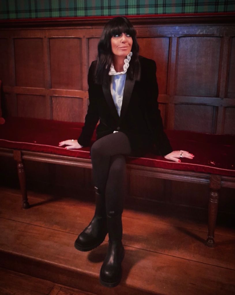 Claudia Winkleman black velvet blazer and chunky bottega boots