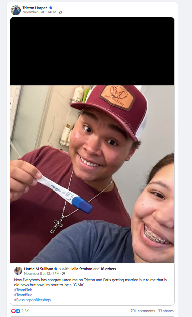 Screengrab of Triston Harper and wife Paris Reed holding a pregnancy test