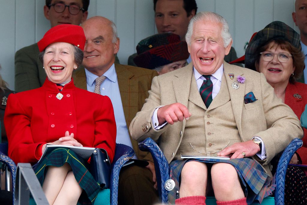 Princess Anne, Princess Royal and King Charles III (wearing, for the first time, a kilt made from the new King Charles III tartan) attend The Braemar Gathering 2023 at The Princess Royal and Duke of Fife Memorial Park on September 2, 2023 in Braemar, Scotland. (Photo by Max Mumby/Indigo/Getty Images)