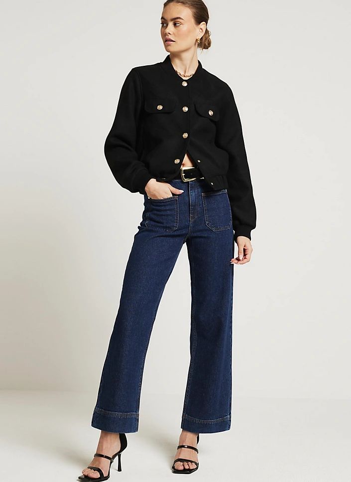 River Island Blue High Waisted Crop Wide Fit Jeans
