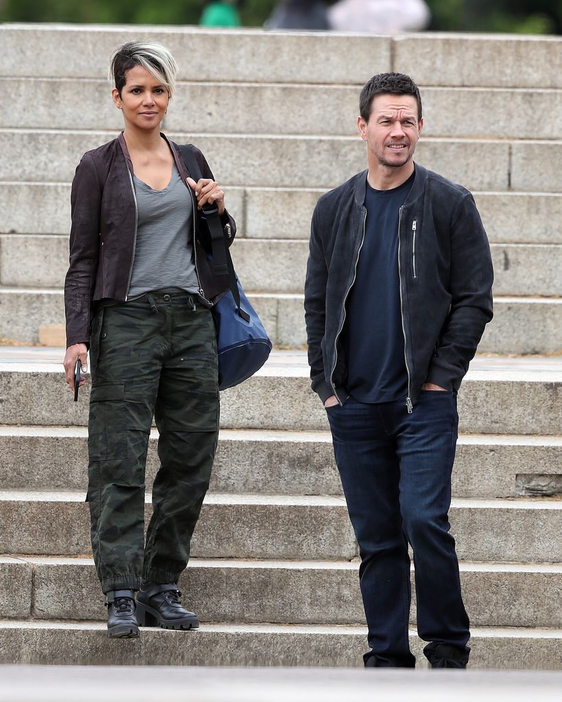 Halle Berry and Mark Wahlberg seen filming scenes for new Netflix film 'Our Man From Jersey' on April 28, 2022 in London, England.