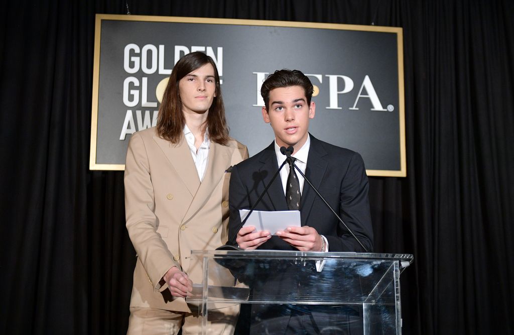 Golden Globe Ambassadors Dylan Brosnan and Paris Brosnan speak onstage during the Hollywood Foreign Press Association and The Hollywood Reporter Celebration of the 2020 Golden Globe Awards Season and Unveiling of the Golden Globe Ambassadors at Catch on November 14, 2019 in West Hollywood, California