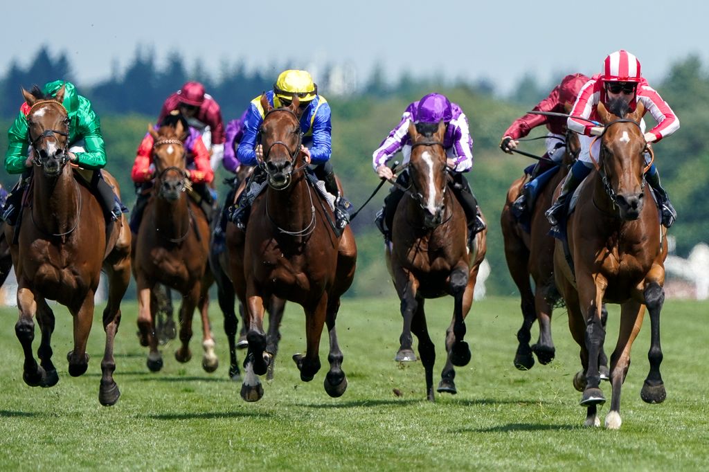 Callum Shepherd riding Isla Of Jura (red/white stripes) win The Hardwicke Stakes on day five during Royal Ascot 2024 at Ascot Racecourse on June 22, 2024 in Ascot, England.