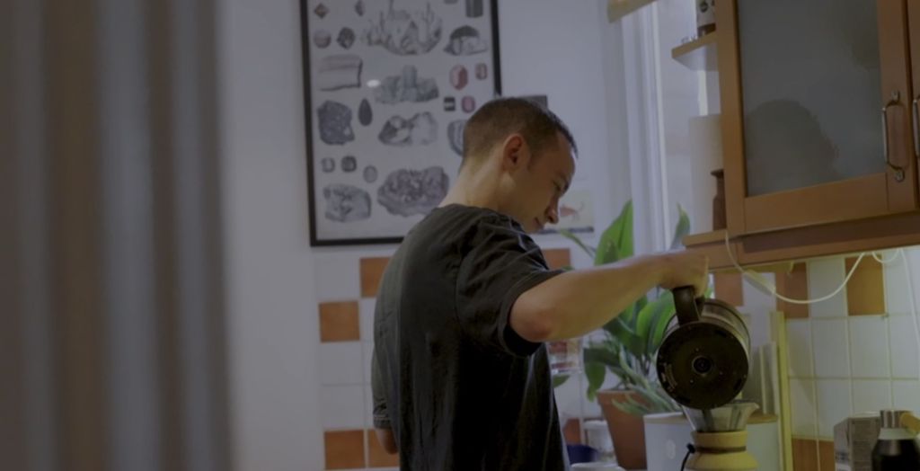 Olly Alexander making coffee in his kitchen