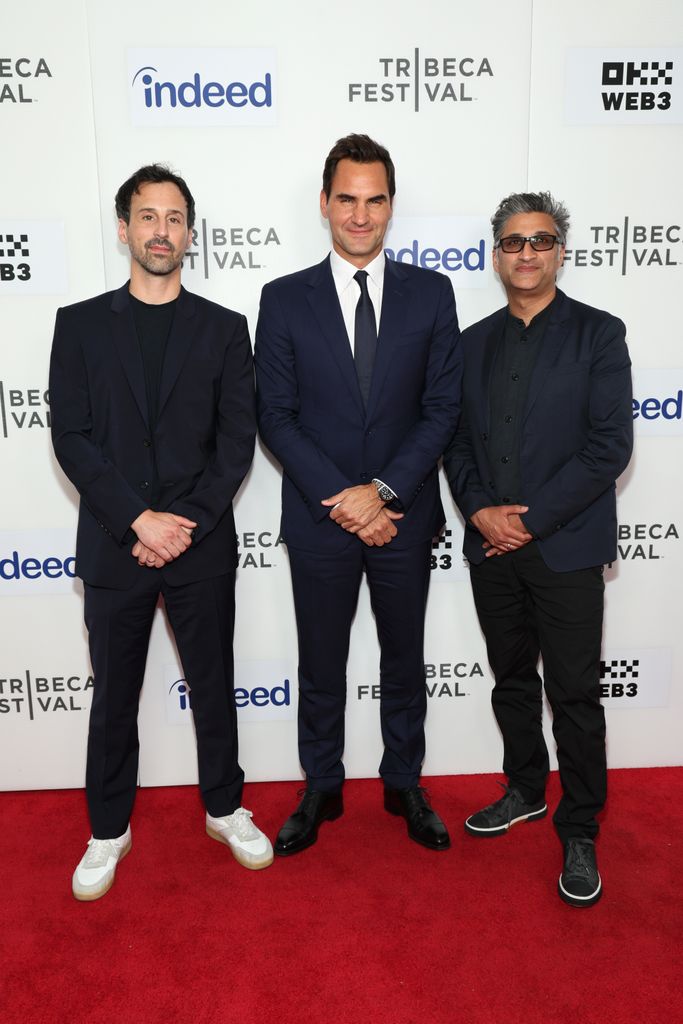 Joe Sabia, Roger Federer, and Asif Kapadia attend the "Federer: Twelve Final Days" Premiere during the 2024 Tribeca Festival at SVA Theater on June 10, 2024 in New York City