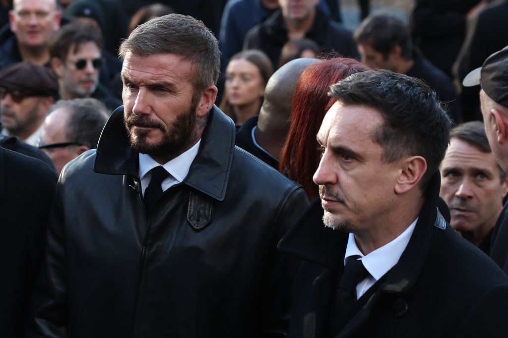 David Beckham and Gary Neville attend the funeral of Gary Mounfield