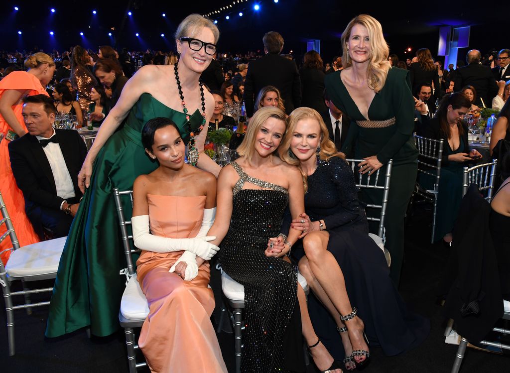 LOS ANGELES, CALIFORNIA - JANUARY 19: (L-R) Meryl Streep (standing), ZoÃ« Kravitz, Reese Witherspoon, Nicole Kidman, and Laura Dern (standing) attend the 26th Annual Screen ActorsÂ Guild Awards at The Shrine Auditorium on January 19, 2020 in Los Angeles, California. 721336 (Photo by Kevin Mazur/Getty Images for Turner)