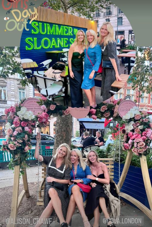 Penny Lancaster and two friends sat on a log swing