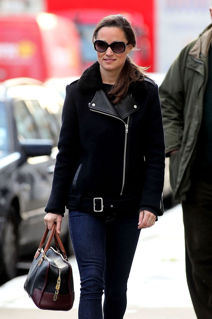 Pippa Middleton wearing an aviator jacket on December 07, 2012 in London, United Kingdom. 