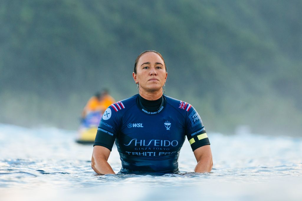 Five-time WSL Champion Carissa Moore of Hawaii prior to surfing in Quarterfinal 1 of the SHISEIDO Tahiti Pro on May 29, 2024, at Teahupo'o, Tahiti, French Polynesia