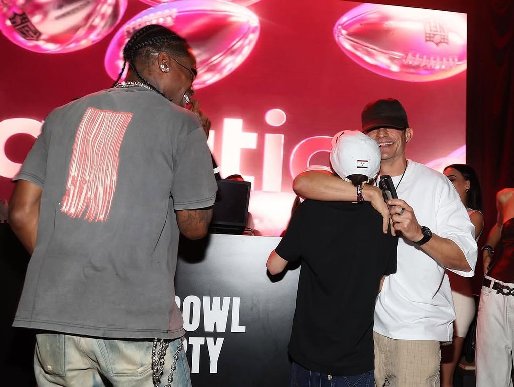 Orlando Bloom and his son Flynn at a Super Bowl party with Travis Scott, shared on Instagram