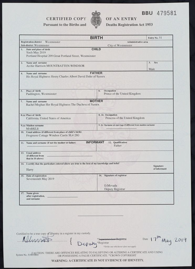 The birth certificate of Archie Harrison Mountbatten-Windsor