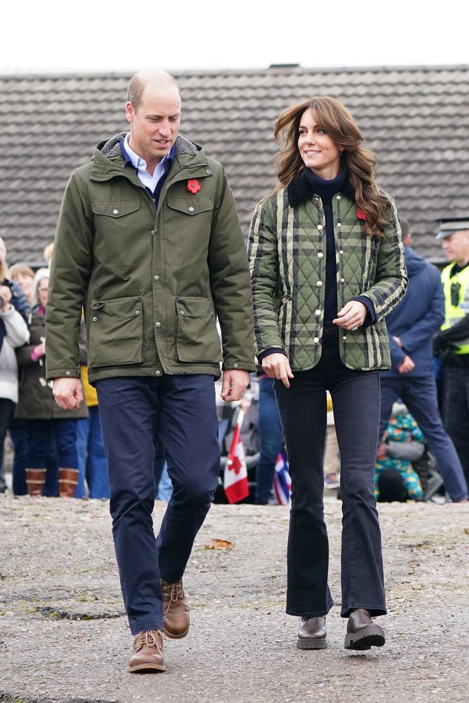 William and Kate wearing khaki jackets in Moray, Scotland