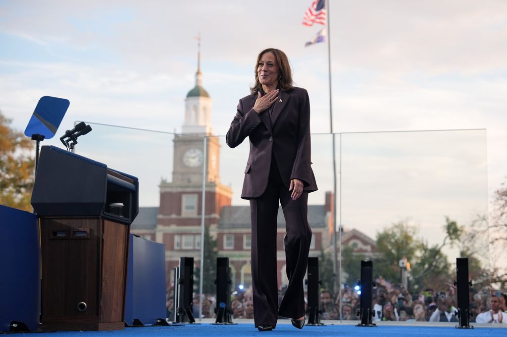 Democratic presidential nominee, U.S. Vice President Kamala Harris departs the stage after conceding the election