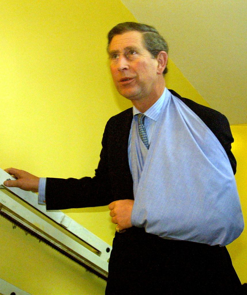 King Charles with his arm in a sling in 2001