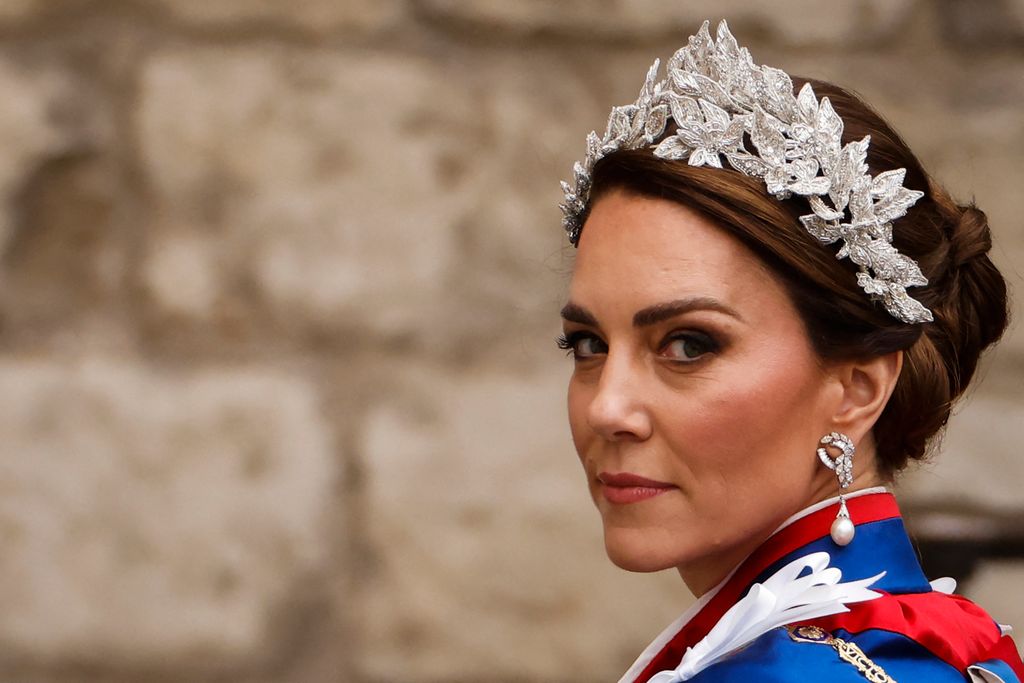 TOPSHOT - Britain's Catherine, Princess of Wales arrives at Westminster Abbey in central London on May 6, 2023, ahead of the coronations of Britain's King Charles III and Britain's Camilla, Queen Consort. - The set-piece coronation is the first in Britain