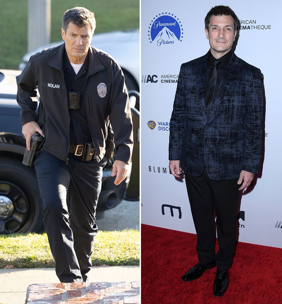 Split image of Nathan Fillion in The Rookie and on the red carpet 