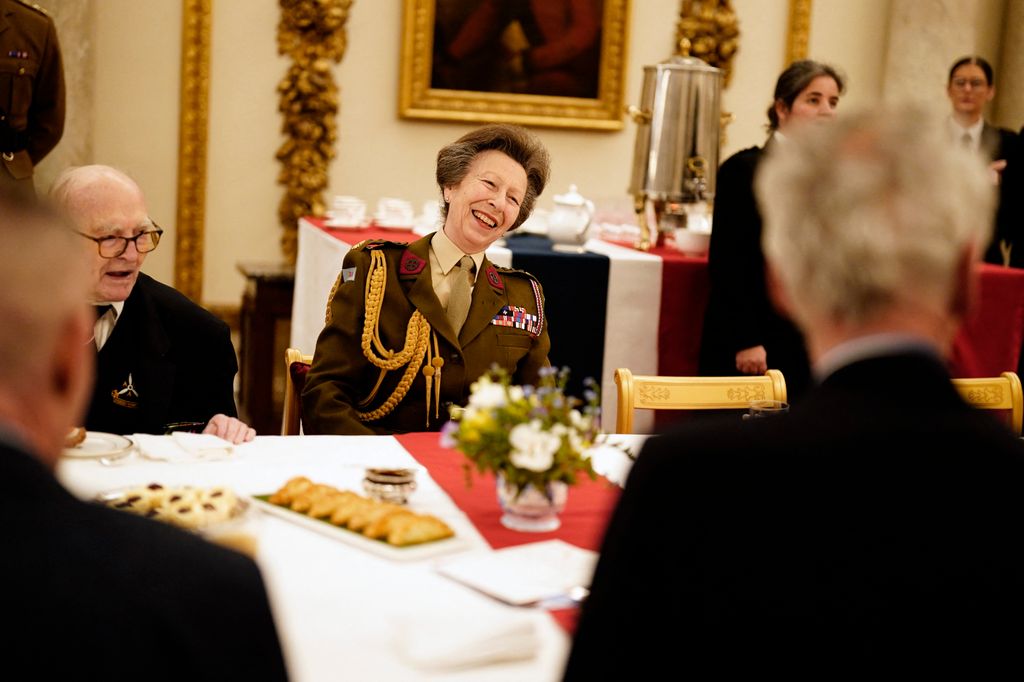Britain's Princess Anne, Princess Royal (C) speaks with Second World War veterans during a tea party at Buckingham Palace 