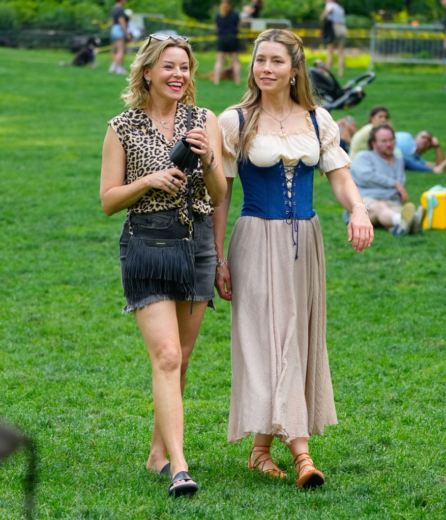 Elizabeth Banks and Jessica Biel are on location for 'The Better Sister' on June 17, 2024 in New York City