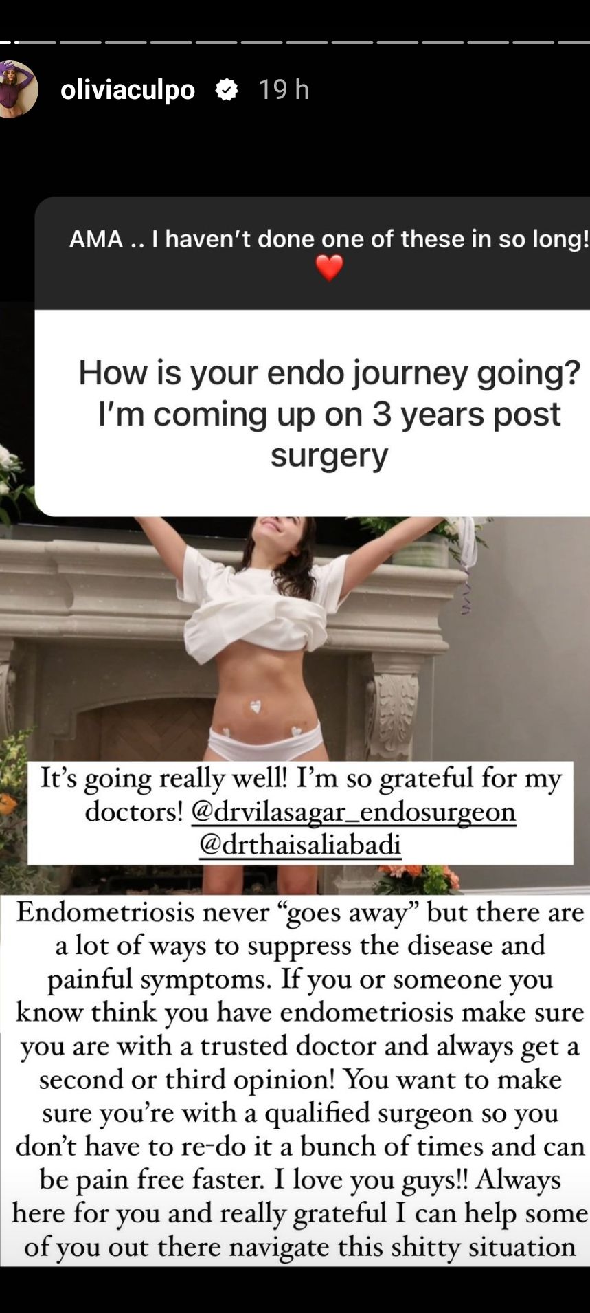 Olivia shares an update about her endometriosis