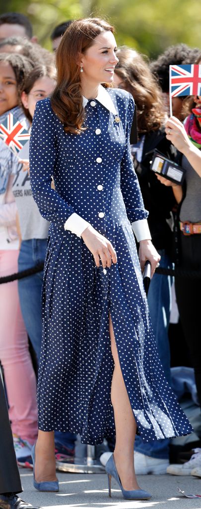 The Princess of Wales wearing a blue spotty Alessandra Rich dress