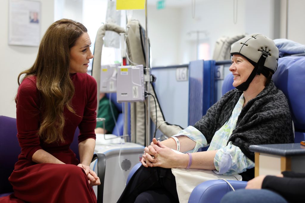 Catherine, Princess of Wales talks with Katherine Field during a visit to The Royal Marsden Hospital on January 14, 2025 in London