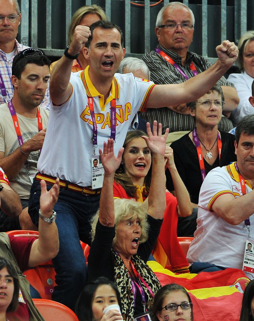 Prince Felipe and Crown Princess Letizia of Spain celebrate during the Women's Handball Bronze medal match between Spain and Korea 