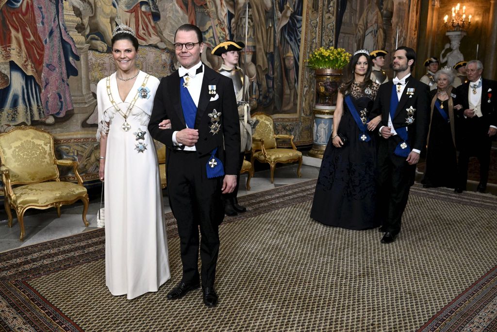 Crown Princess Victoria of Sweden with Prince Daniel and Prince Carl Philip of Sweden with Princess Sofia ahead of the state dinner at the Royal Palace