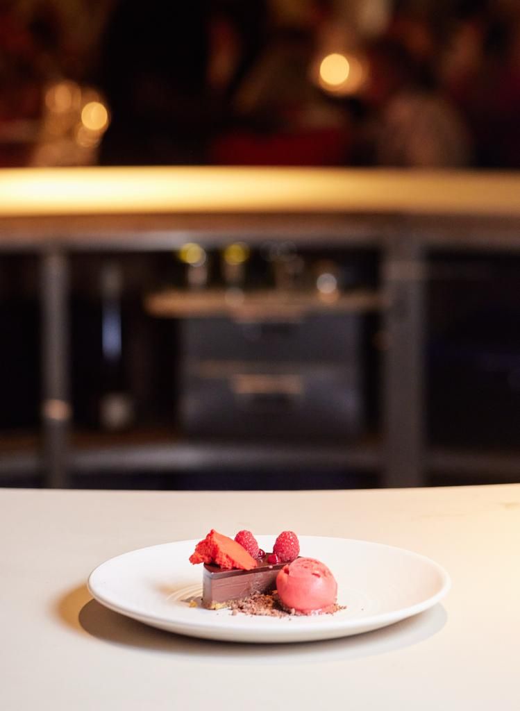 Chocolate dessert with raspberry sorbet