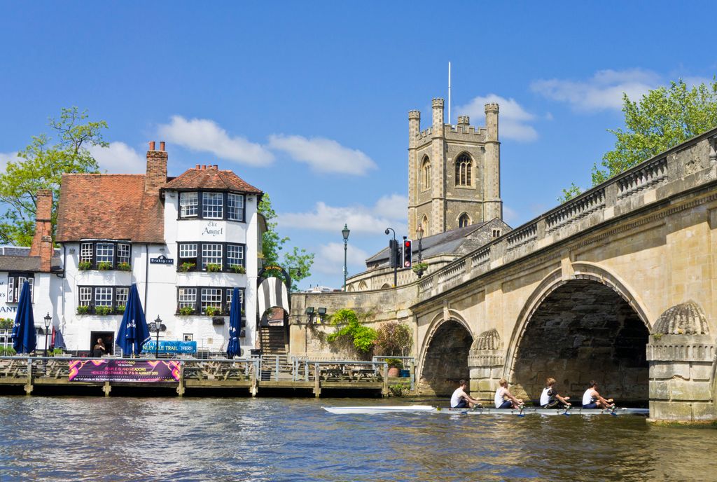 Stock image showing bridge, church and the Angel pub in Henley-on-Thames