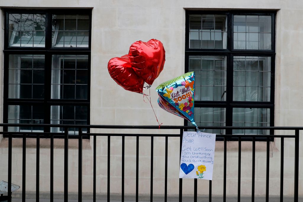 Balloons with a 'get well soon' message outside the King Edward VII hospital 