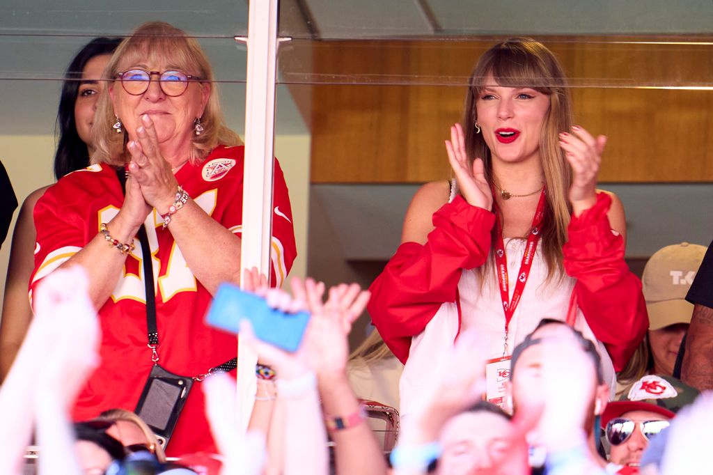 Taylor Swift cheers from a suite as the Kansas City Chiefs play the Chicago Bears at GEHA Field at Arrowhead Stadium on September 24, 2023 in Kansas City, Missouri. 