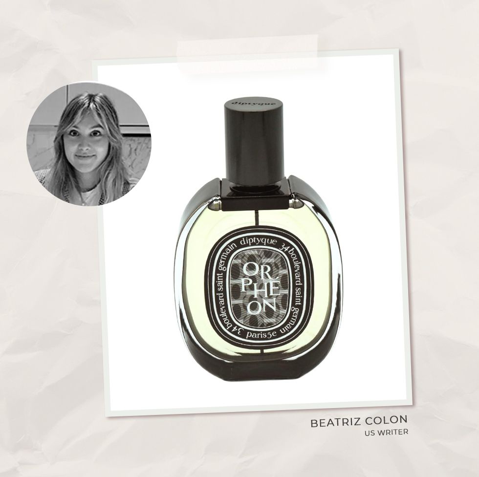 collage of beatriz colon and a bottle of dyptique perfume