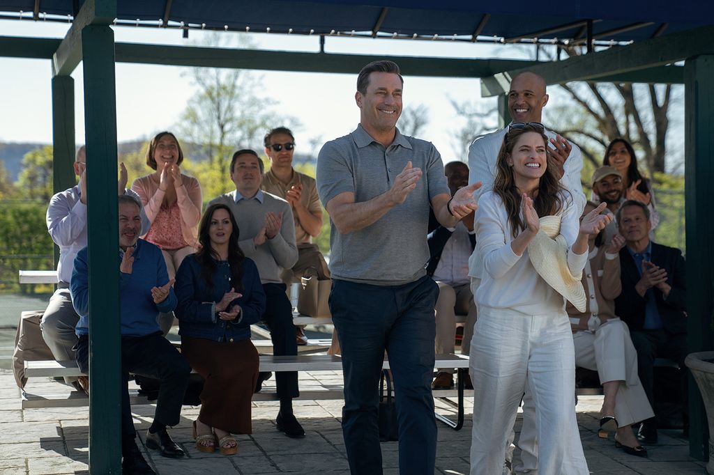 Jon Hamm, Amanda Peet and Mark Tallman clapping in "Your Friends & Neighbours
