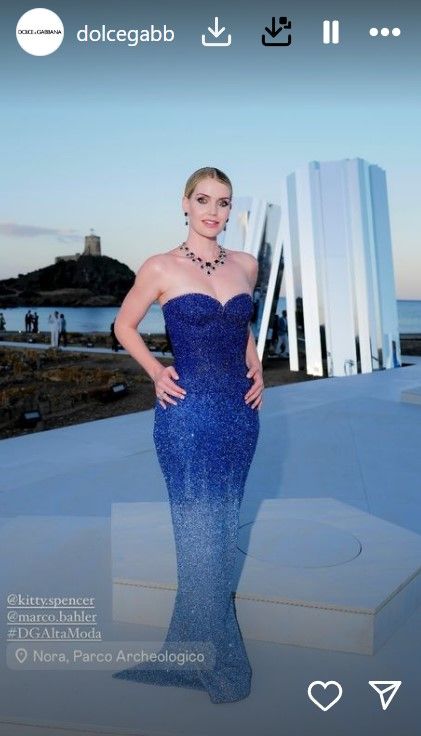Lady Kitty Spencer wearing a blue starpless sparkly dress on Instagram