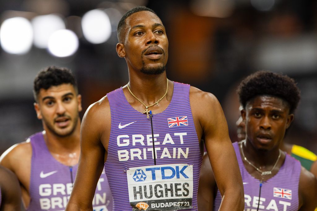 Zharnel Hughes of Great Britain following the men's 4*100m relay final during day eight of the World Athletics Championships Budapest 2023 at National Athletics Centre on August 26, 2023 in Budapest, Hungary